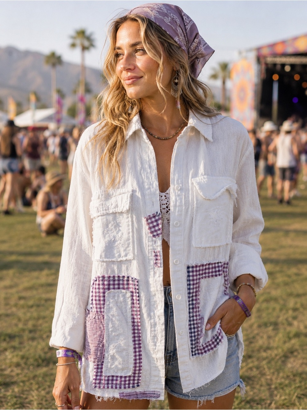 65) Boho Patchwork Button Down Tunic Top | Festival Cottagecore Shacket. Ptp 21